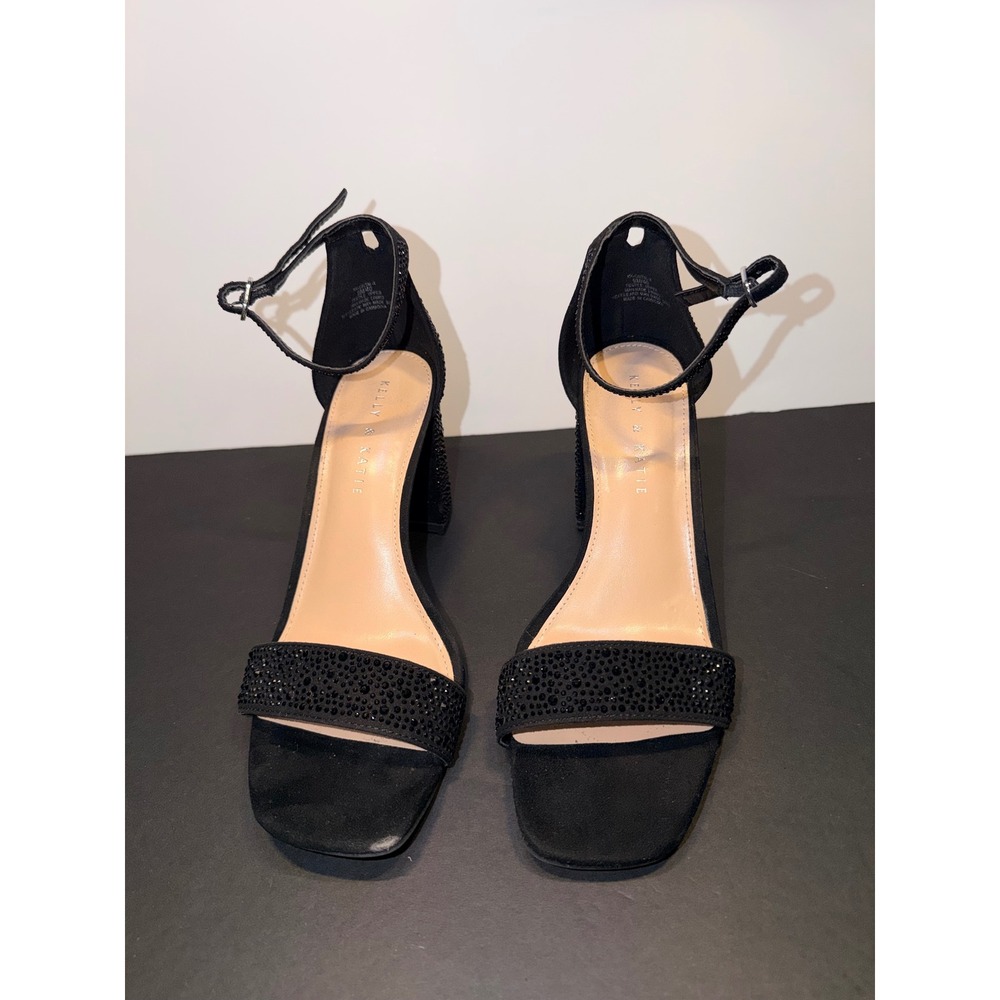 Kelly & Katie Caital-X Black Rhinestone Block Heel Sandals Womens 9M Square Toe